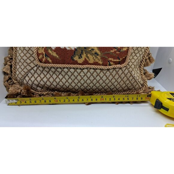 Vintage Floral Needlepoint Tapestry Throw Pillow With Tassel Trim Beige & Rust - Picture 10 of 10